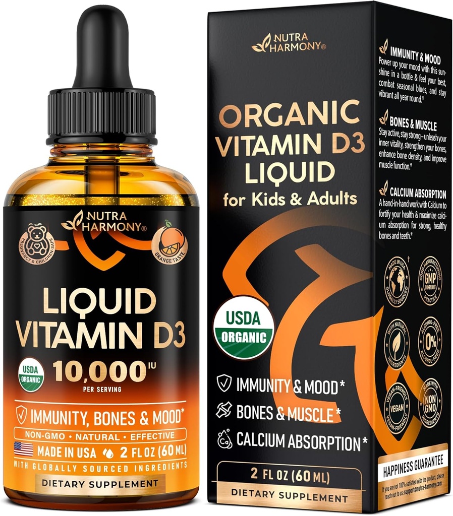 USDA Organic Vitamin D3 10000iu - Vitamina D Gocce per neonati, Bambini & Adulti, Gravidanza & Bambini Sicuro - Immune System, Mood, Bone Health & Muscle Support - Natural Orange Taste - 2 fl oz, 60 ml