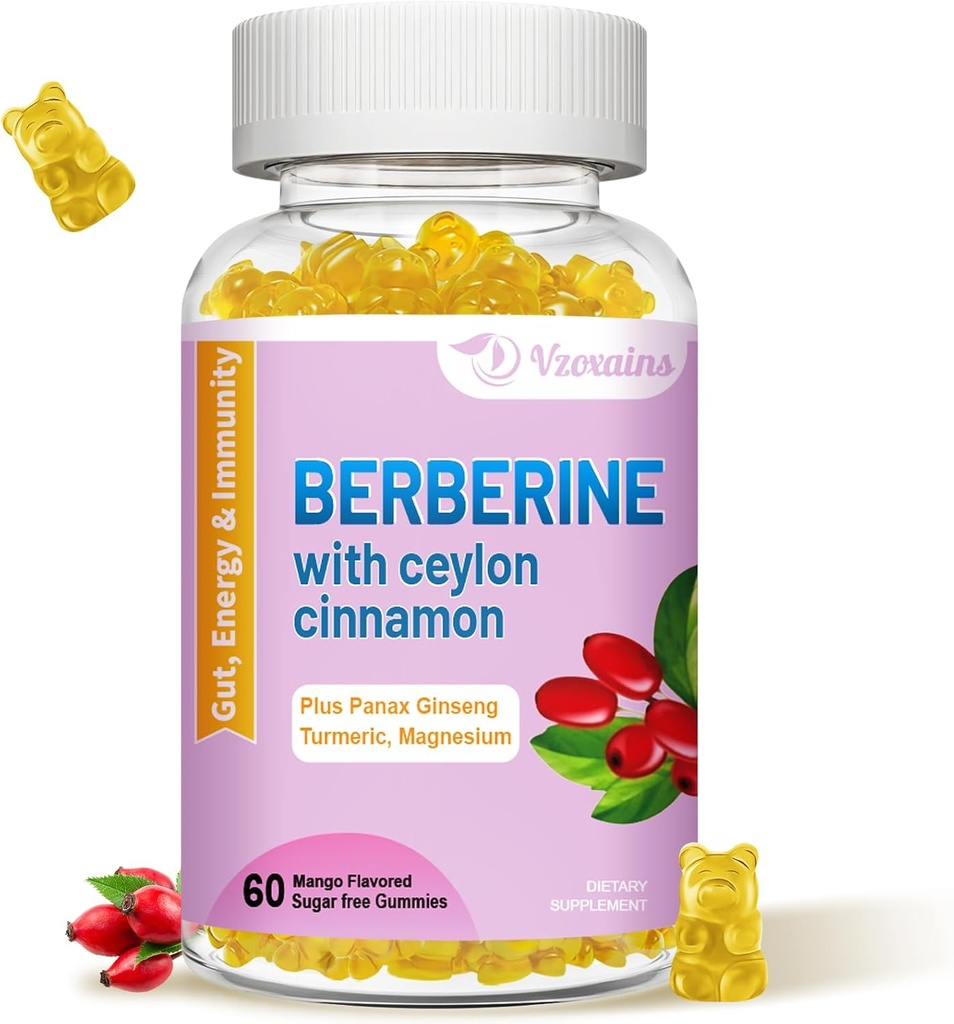 Berberina con Ceylon Cinnamon Gummies, High Potency Berberine HCI Supplement, Immune Health Support, 60 Mango Gummies aromatizzati