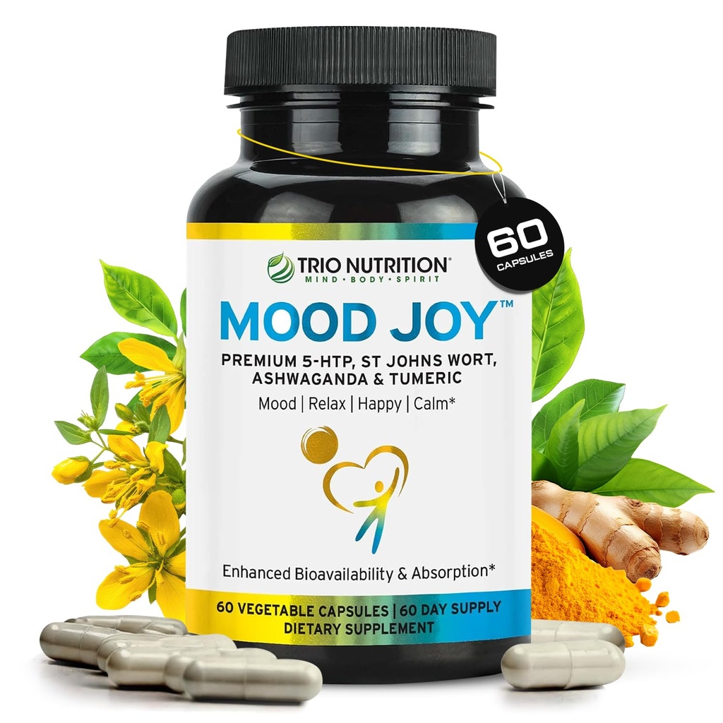 Trio Mood Joy | Premium 5-HTP, St Johns Wort, Ashwagandha & Turmeric | Ashwagandha Capsule per promuovere la calma naturale e rilassante Mood | Mood Support Supplemento | 60 giorni di alimentazione*
