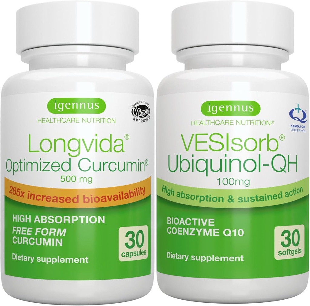 Longvida Curcumin 500mg + VESIsorb Ubiquinol-QH Advanced CoQ10 100mg Bundle, Ultra Biodisponibile Curcumina con Biodisponibile & Fast-Acting Ubiquinol, di Igennus