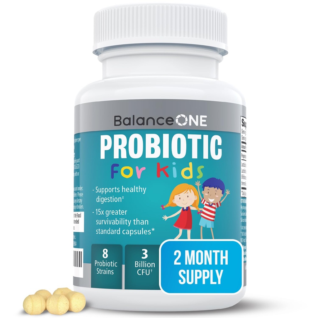 Balance ONE Time-Release Kids Probiotic – Fino a 15x Migliore sopravvivenza – 3 miliardi di CFU – Supporto Gut & Digestivo per i bambini – Sugar Free, Facile da ingoiare, 2 mesi di alimentazione
