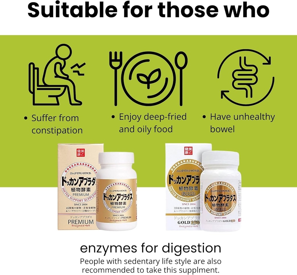 Natural Digestive Enzymes & Herbal Digestive Enzymes Fiber Supplemento per le donne, con 39 Plant & 7 miscele di erbe per il supporto energetico e metabolico, oro 150 compresse, dal Giappone, 2 EA