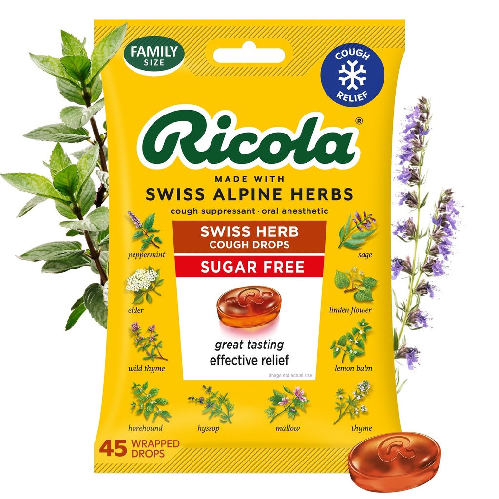 Ricola Sugar Free Swiss Herb Cough Drops, 45 Count, Cough Suppressant & Throat Rilieving Drops with Naturally Sourced Menthol, Pleasing Taste for Coughs & Throat Irritation Symptom Relief