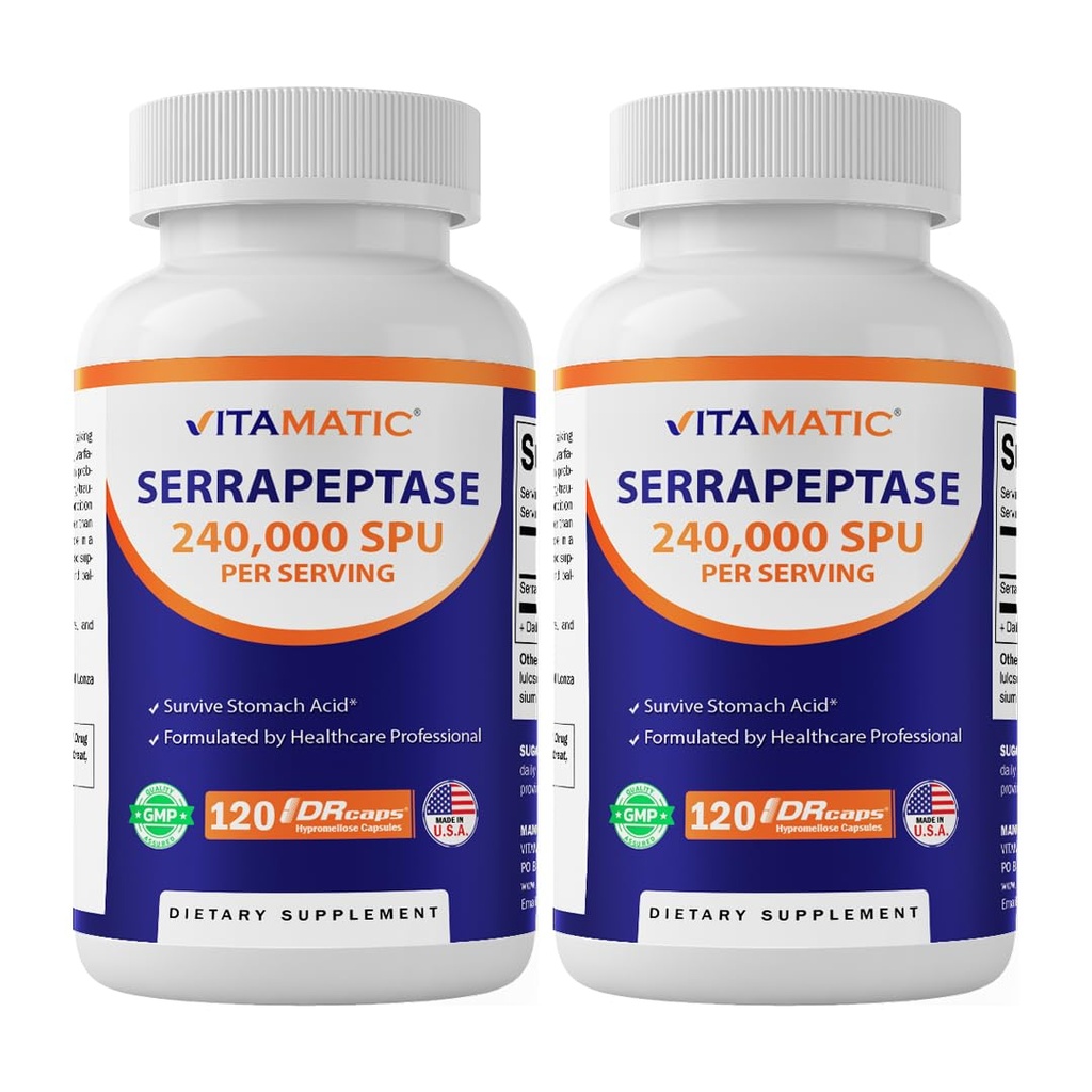 Vitamatic Serrapeptase 240,000 SPU Servings, 120 Delayed Released Capsules - Enteric Coated - Non OGM- Made in the USA (120 Count (Pack of 2))