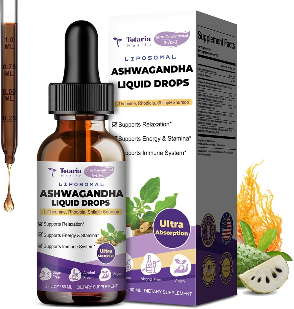 Totaria Liposomal Ashwagandha Liquid Drops, Ultra Forza Ashwa Root Extract supplemento con Shilajit, Ginseng, Magnesio, Soursop, L-teanina, 60ml