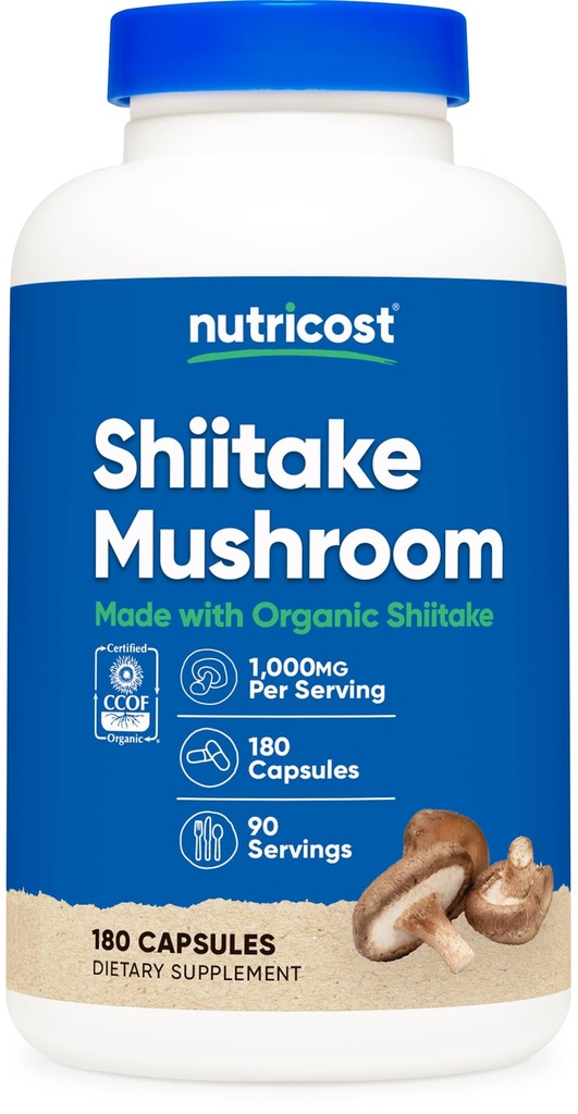Nutricost Organic Shiitake Mushroom Capsule 1000mg, 90 Serve - CCOF Certificati Realizzati con Organico, Vegetariano, Gluten Free, 500mg Per Capsule, 180 Capsule