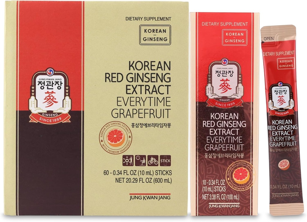 JUNG KWAN JANG Korean Red Ginseng Extract Everytime Grapefruit 1000mg | Ginseng Supplement, Enegy Supplement, Korean Food | Caffeina Free, Gluten Free, Boost Energy, Antiossidante | 60 Count