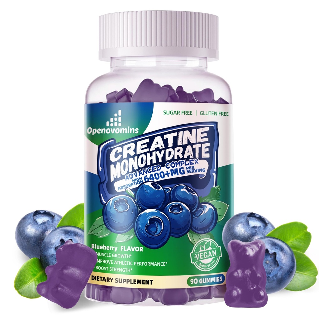 Creatina monoidrato Gummies Complesso per uomini e donne -Formula avanzata W/L-Taurine + Vitamina B12, Zucchero gratuito Chewable Supplement,90 Blueberry Gummies