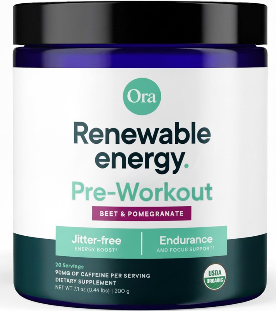 Ora Organic Pre Workout Polvere per gli uomini e le donne Berry Beet Flavor- Vegan Certificato Organico, Soy-Free, Dairy-Free, Gluten-Free- Fornisce Jitter-Free Energy Boost per le donne e gli uomini, 20 Servings