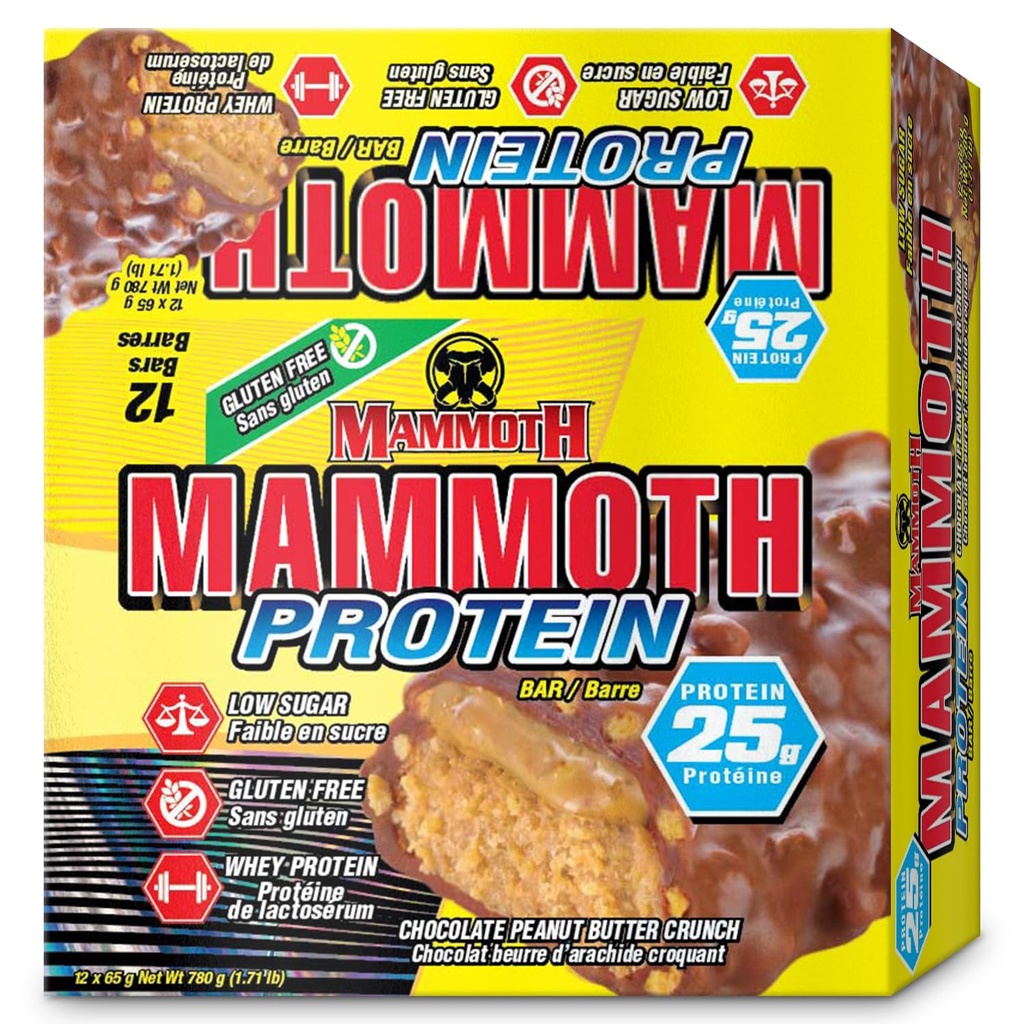 MAMMOTH Protein Bar, Crociata di burro di arachidi al cioccolato, 25g Proteine, Basso zucchero, Carbo basso, Senza glutine, 12 x 65g (12 Conte) (Chocolate Peanut Butter Crunch) (12 Conte, Crociata di burro di arachidi al cioccolato)