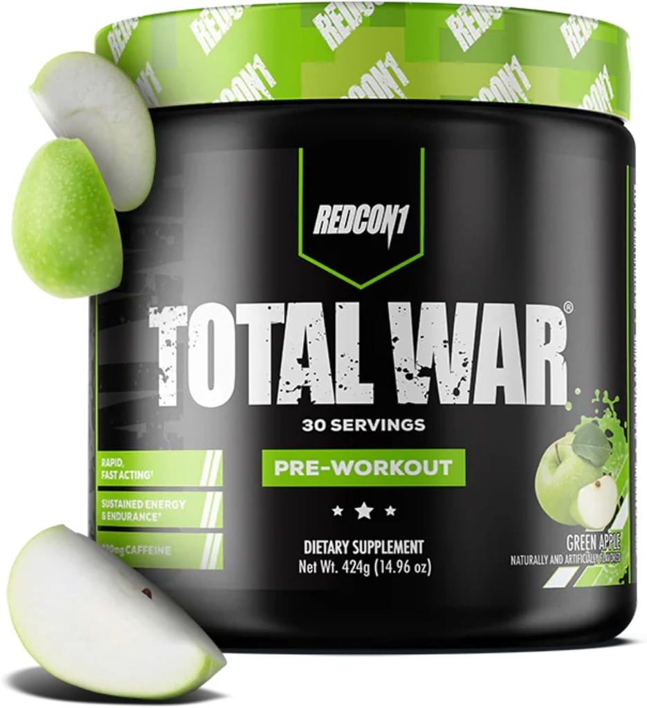 REDCON1 Total War Pre Workout, Green Apple - Fast Acting Caffeinated Preworkout per gli uomini + le donne con Beta Alanine - Contiene Citrulline Malate per la pompa aumentata, flusso sanguigno (30 Serve)