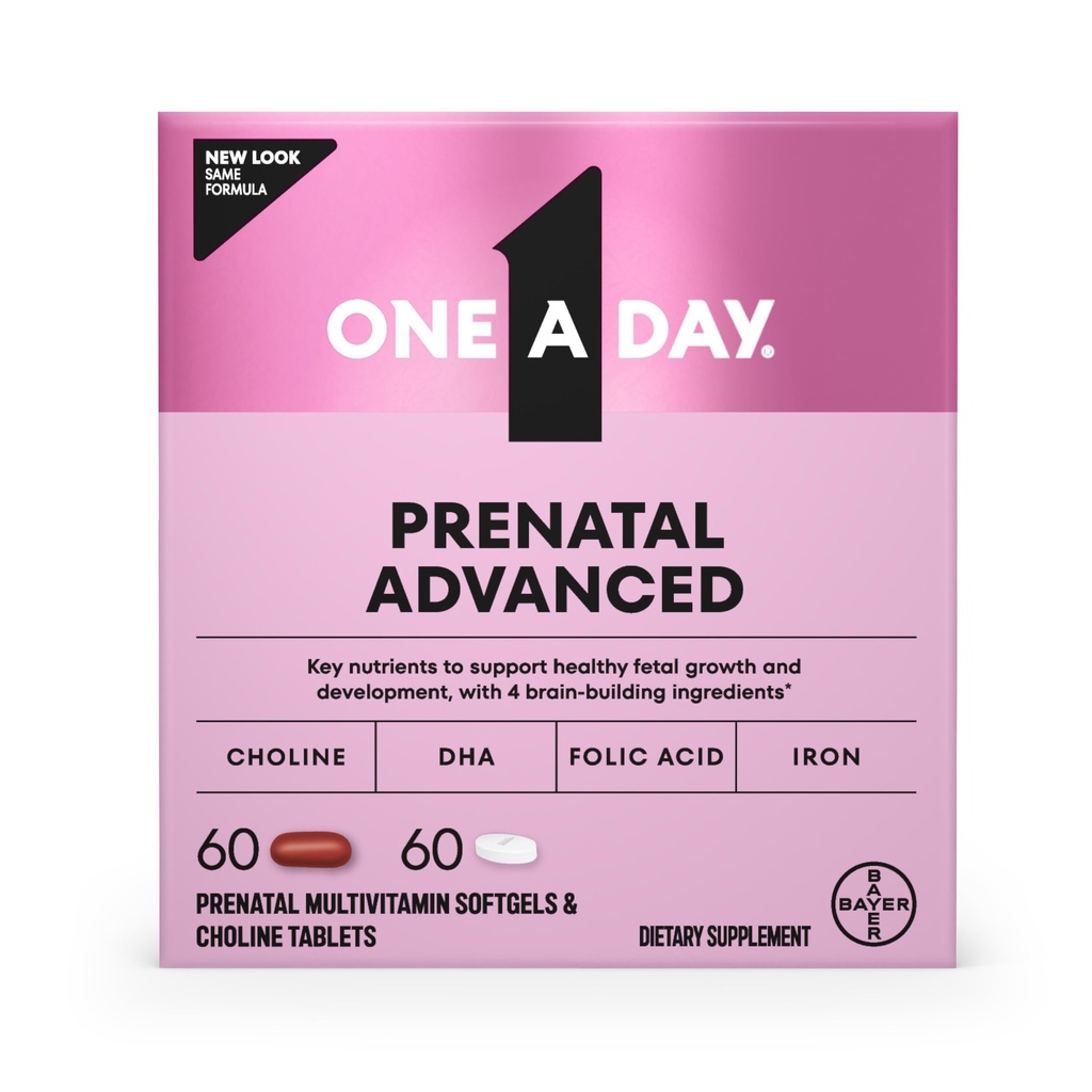Un giorno prenatale avanzato- vitamine prenatali con acido folico, colina, DHA & ferro, vitamine di gravidanza per le donne per sostenere lo sviluppo del bambino, 60+60 Ct (120 set totale) (varia di maggio di imballaggio)