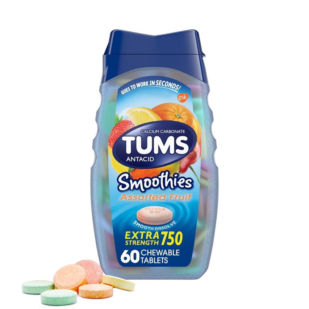 TUMS Smoothies Extra Forza Antacid Chewable Tablets per Rilievo di bruciore di stomaco, Frutta assortita - 60 Conte (Pacchetto di 1)