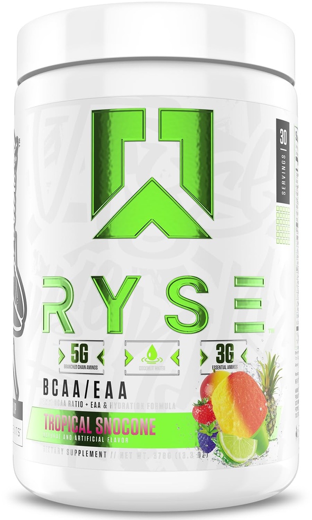 RYSE BCAA polvere - Snocone tropicale - 5g aminoacidi a catena ramificata, 3g aminoacidi essenziali, elettroliti senza zucchero per recupero muscolare pre e post allenamento, idratazione e resistenza - 30 Serve