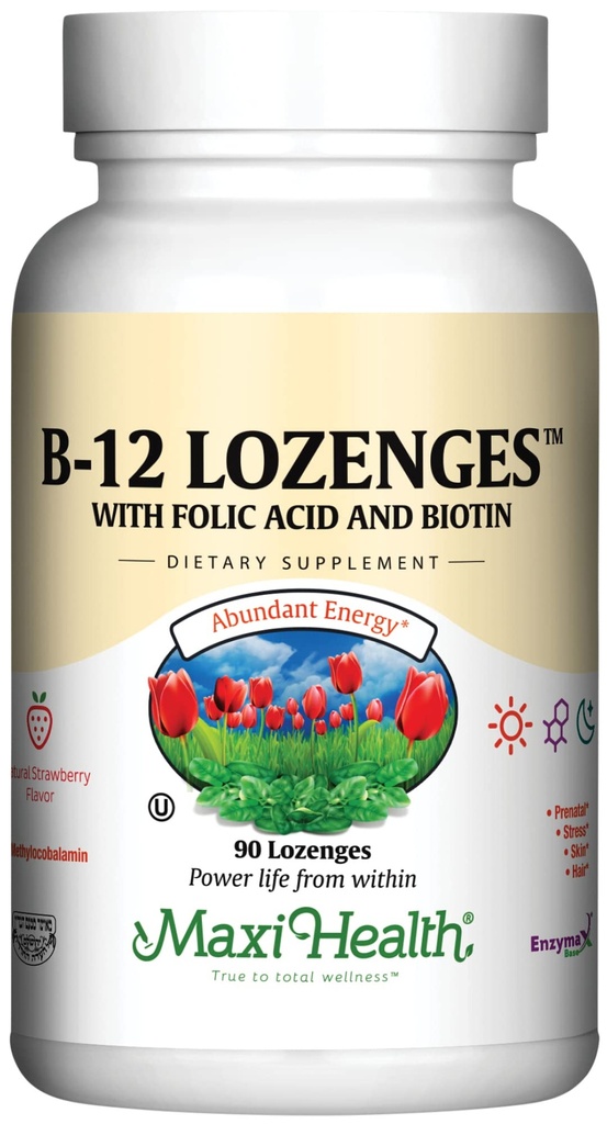 Vitamina B12 Lozenges con Acido Folico e Biotina - Sublingual B 12 Vitamine Fragola Flavor - Vegetariano Kosher B 12 Vitamina - VIT B12 Supplemento per la produzione e l'energia di globuli rossi (90 Conteggio)