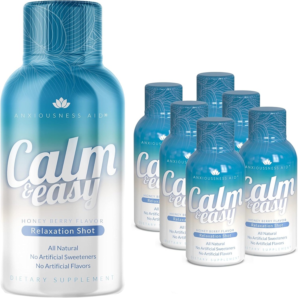 Calmo & Facile - Scioglimento naturale di sollievo dallo stress, KSM-66 Ashwagandha, Suntheanine L Theanine, Bevande adaptogene calmanti, Rilassamento, Focus e Mood | Bottiglia liquida da 2 oz (6 Pack)