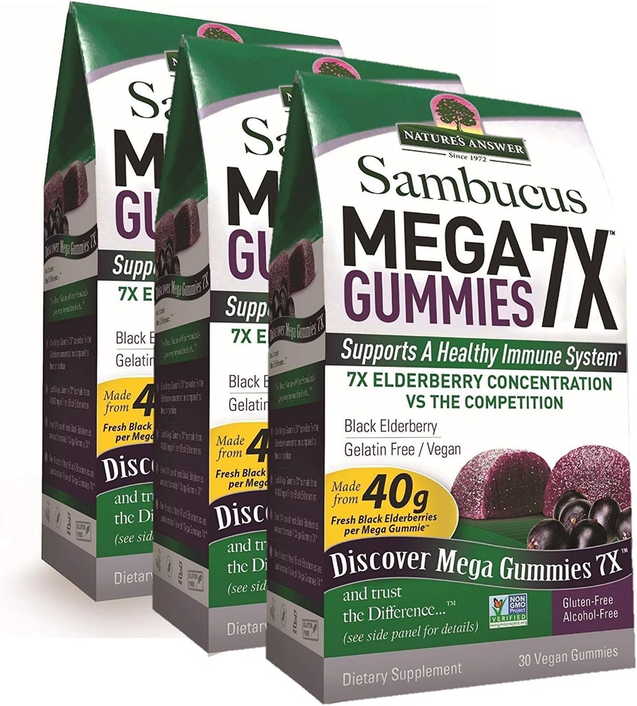 risposta della natura Sambucus Mega Gummies | 7X Più concentrazione di sambuco | senza alcool, senza glutine, senza gelatina, vegan, non OGM & No Preservativi | 30ct Gummies (pacchetto di 3)