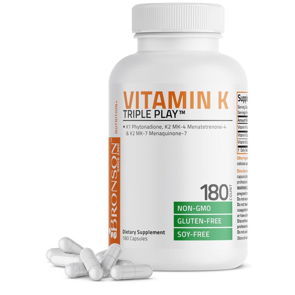Vitamina K Triple Play (Vitamin K2 MK7 / Vitamina K2 MK4 / Vitamina K1) Full Spectrum Complex Vitamin K Supplemento, 180 capsule