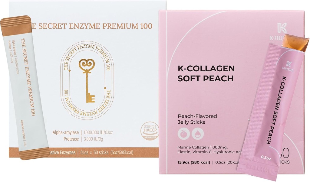 The Secret Enzyme Premium 100 (50 Sticks) & K-Collagen Soft Peach Collagen Jelly (30 Sticks) per la salute digestiva, salute della pelle