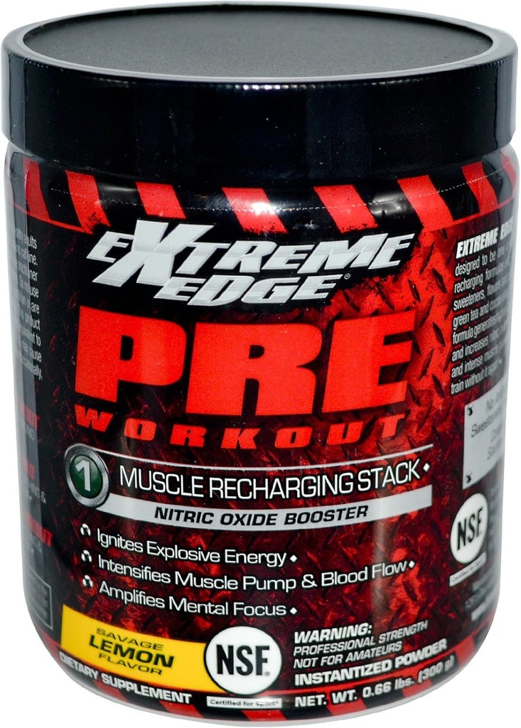 Bluebonnet Nutrition Extreme Edge Pre allenamento, Muscle Recharging Formula*, Aumenta i livelli di ossigeno nitrico (NO)*, Soy-Free, Dairy-Free, Lemon, 0.66 LB, 30 Serve
