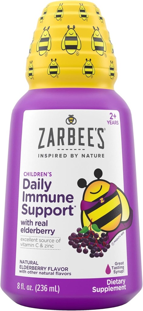 Zarbee's Elderberry Syrup per i bambini, Supporto Immune giornaliero con vitamina C & Zinc, Supplemento liquido per bambini, Natural Berry Flavor, 8 fl oz