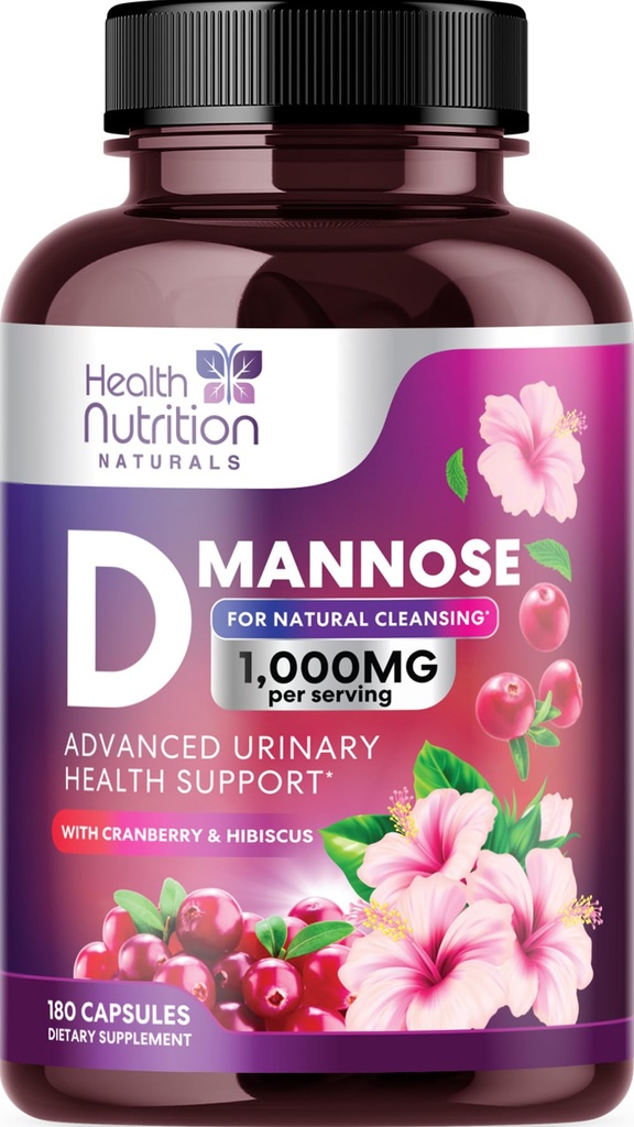 D-Mannose Supplemento 1,350mg - con Mirtillo, Hibiscus & Dandelion - Fast-Acting, Natural Urinary Tract & Bladder Support for Women & Men – Flush & Cleanse Impurities – Non-GMO, Vegan – 180 capsule