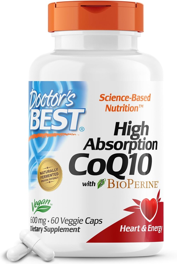Migliore coQ10 ad alto assorbimento del medico con BioPerine, salute del cuore e produzione di energia, naturalmente fermentato, non OGM, Vegan, senza glutine, 600 mg, 60 tappi di verdure