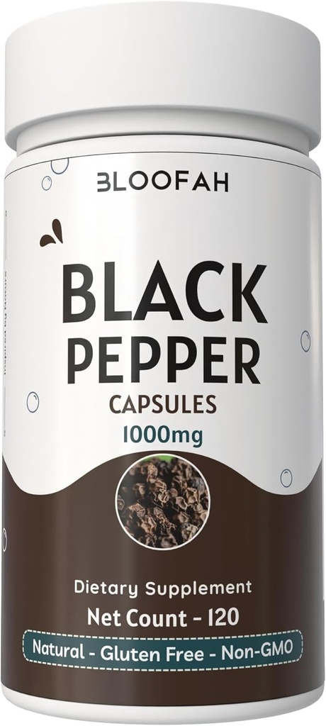 Capsule di pepe nero 1000mg Polvere | Piper nigrum | Non OGM, Senza glutine | No Additivi artificiali | GMP-Certified | Integratore di erbe | Benessere tradizionale (120 conteggio (Pack of 1))