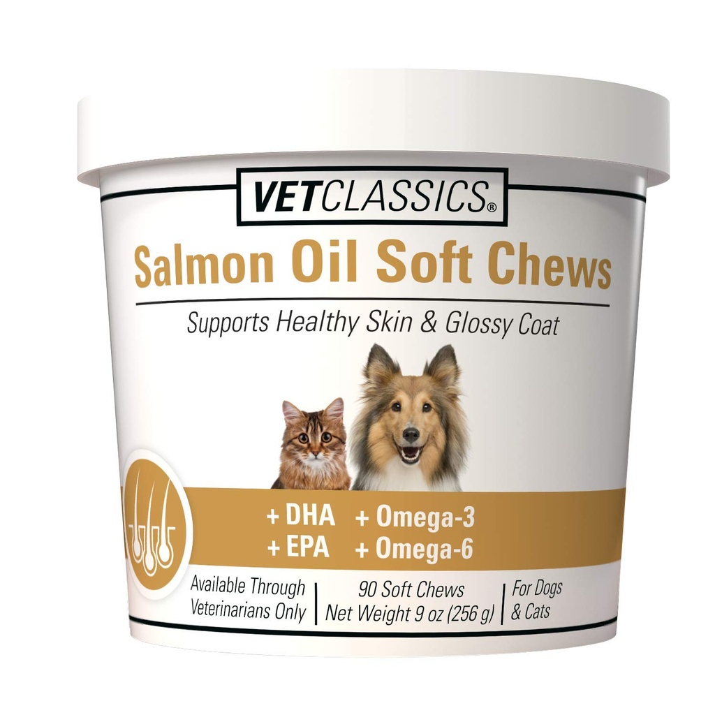 Vet Classics Salmon olio Pet supplemento per la pelle sana, cappotti lucidi – Supplemento Dog Coat, Cat Skin Supplement – Include Omega-3, 6, 9, Fonte di DHA, EPA – Soft Chews 90 Ct.