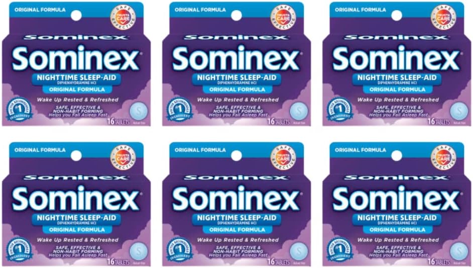 Sominex Nighttime Sleep-Aid con Diphenhydramine HCl 25 mg, Formula originale, 16 compresse, (Pack of 6)
