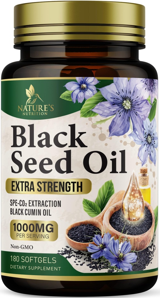Black Seed Oil Softgels 1000mg - Premium Nigella Sativa Blackseed, Pure Natural Black Cumin Seed Oil & Antiossidante per Skin & Immune Support - Non OGM, Bottigliato in USA Supplement - 180 Softgels