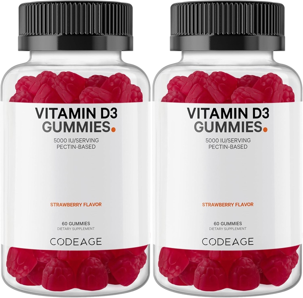 Vitamina D3 Gummy Vitamine, Vitamina D3 5000 IU Gummies Cholecalciferol 125 mcg, Morbido Pectin-Based, Animal Gelatin-Free Gummy, Gummies Vitamins, Tasty Strawberry, Non-GMO - 2-Pack