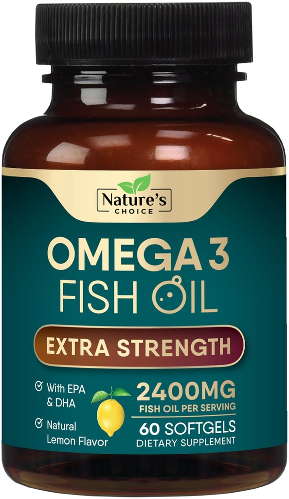 Omega 3 Fish Oil Supplement 2400 mg - Tripla resistenza EPA & DHA Fish Oil Omega 3, acidi grassi essenziali Supplemento Softgels, Brain & Heart Health Support Supplements, Gluten Free Non-GMO, 60 Softgels