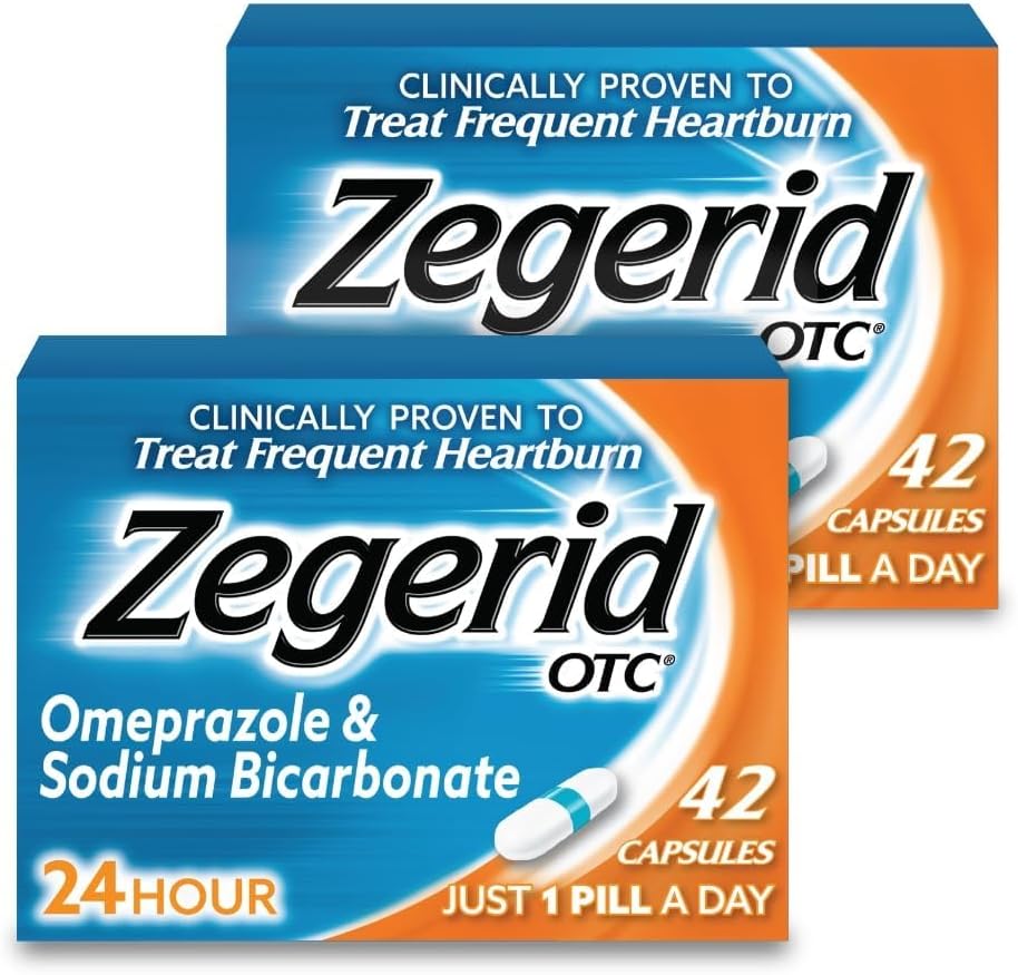 Zegerid OTC, Omeprazole Plus Bicarbonato di sodio, 24 ore, Inibitore della pompa di protone (PPI), Medicina di bruciore, Riduttore di acido, Due cartoni 42ct