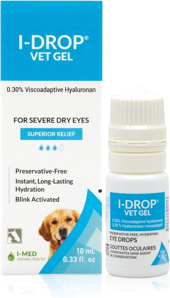 Gel Vet I-DROP: Gocce per cani da compagnia | Lubricate Acute/Seasonal Dry Eyes | Superior Comfort | Rilievo a lunga durata | Applicazione inferiore necessaria, 0.30% Hyaluronan | Bottiglia multi dose | Una bottiglia da 10 ml