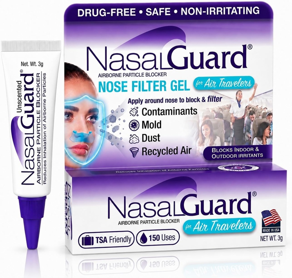 Gel nasale del bloccante di particelle dell'aria per i viaggiatori dell'aria - senza droghe, non irritante, non sonnolenta, aereo viaggio approvato (senza profumo) - oltre 150 applicazioni per tubo (0.1 oz, pacchetto di 1)
