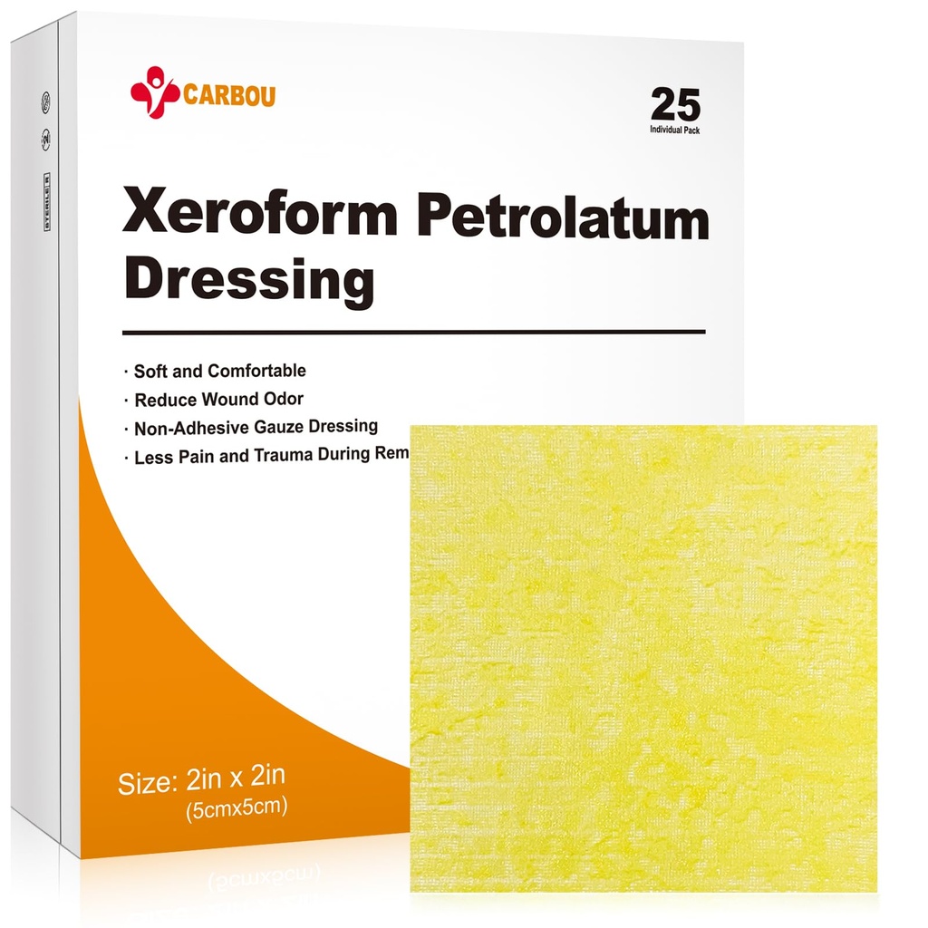 Carbou Medical Xeroform Petrolatum Dressing 2"x2", 25 Individual Pack, Cuscinetti di Gauze non aderenti, Morbido Patch di Gauze Mesh fine per la cura del dolore, brucia, lacerazioni, Grafts e incisioni chirurgiche