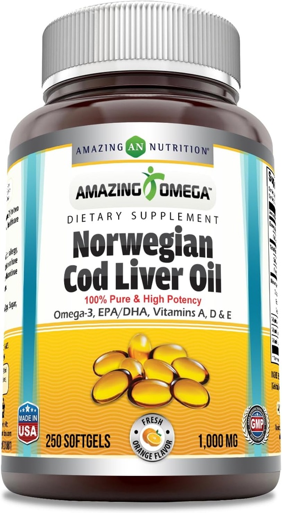 Incredibile Omega Norwegian Cod Liver Oil 1000 Mg Softgels Supplemento | Omega-3, EPA, DHA, Vitamina A, D & Vitamina E (Orange | 250 Count)