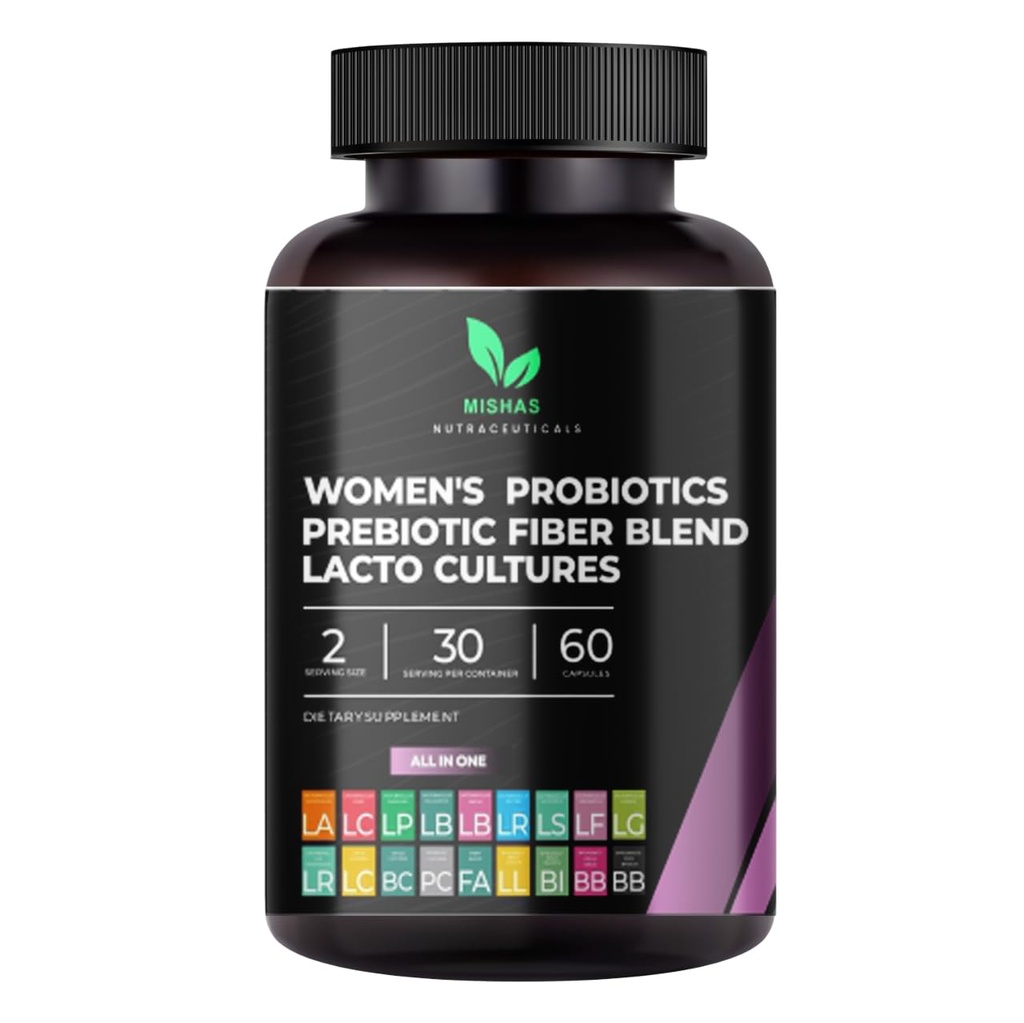 Mishas Nutraceuticals Probiotics for Women, 50 miliardi di CFU - 16 Strains Probiotici con Prebiotici – Supporta Salute Vaginale, Salute Gut e Sistema Immune - Supplemento Femminile – 60 capsule