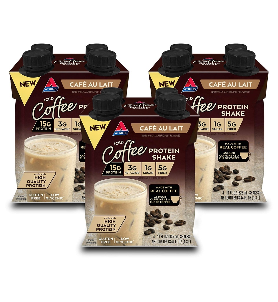 Atkins Café au Lait Iced Coffee aromaed Protein Shake, High Protein Shake, Basso zucchero, Carb basso e Basso zucchero, Keto Friendly, Gluten Free, 12 Conte