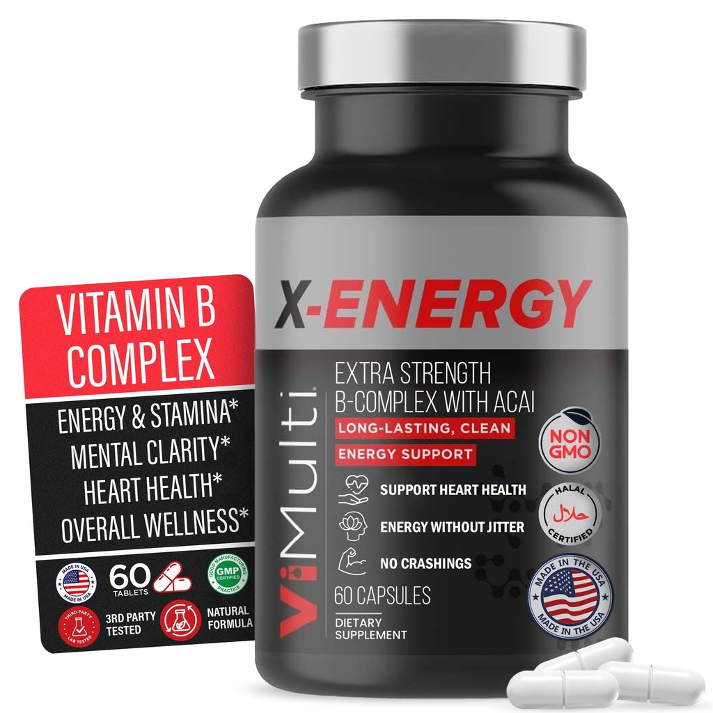 X-Energia Extra Forza B Complesso con Caffeina e Vitamina B12 – Supporto energetico con B1, B2, B3 Niacin, B6, Acido Folico, Biotina, B5, Taurina, Ginseng, Rhodiola, Maca, Acai & Spirulina – 60 capsule