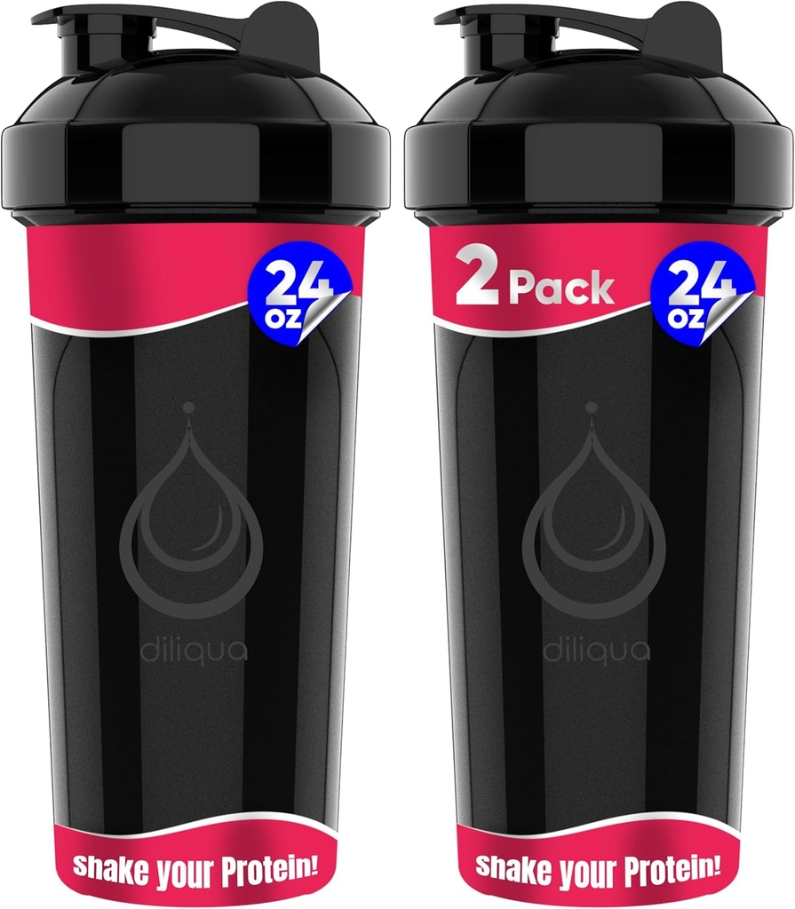 2 PACK, doppio 24 oz Shaker Bottiglie con fischi di filo potente per miscele proteiche | Bottiglie di frullatore a prova di leak (nero)| BPA-Free & Lavastoviglie Safe | Shaker Cup for Protein Shakes