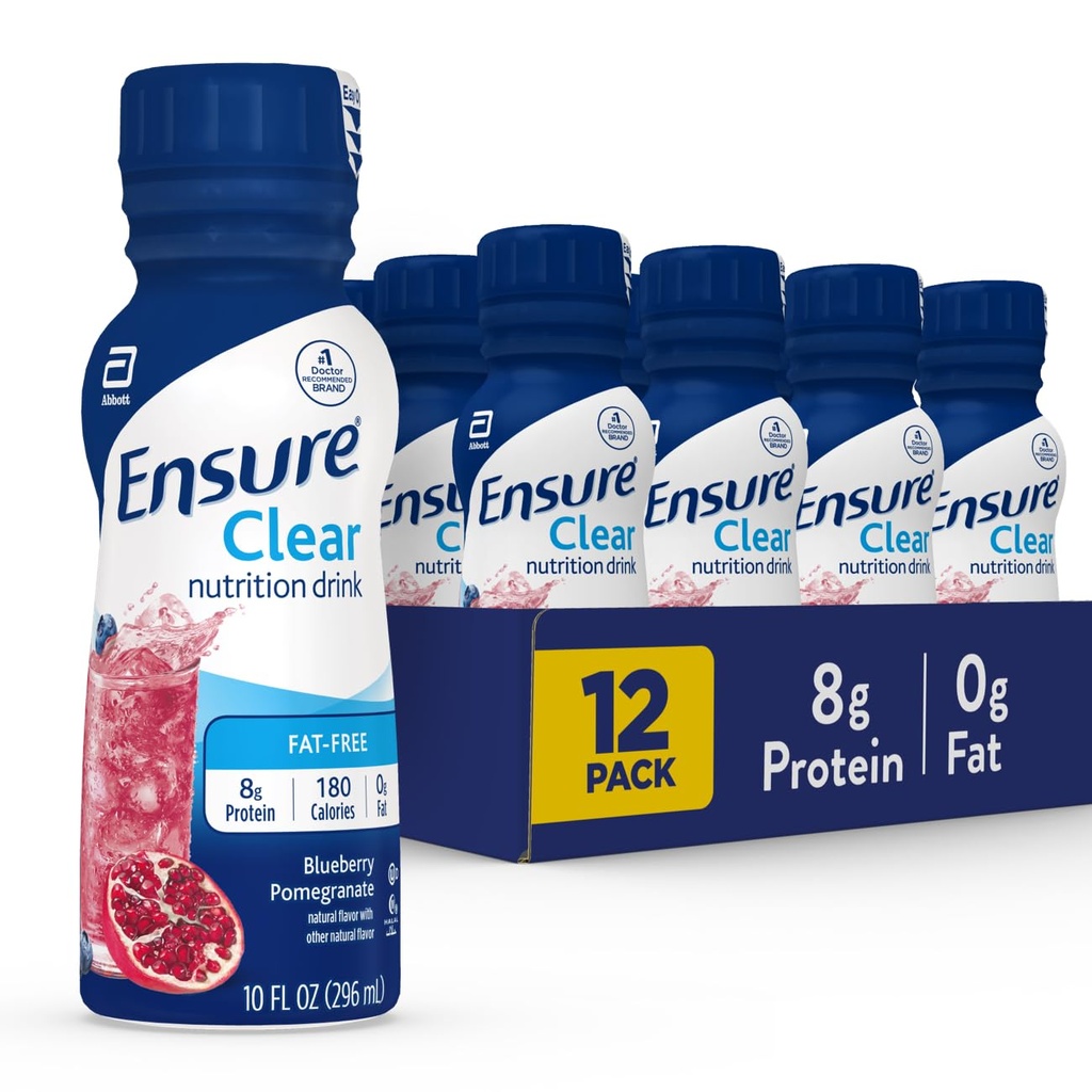 Assicurare Liquid Clear Nutrition Drink, 0g di grasso, 8g di proteine, Blueberry Pomegranate, 10 Fl Oz (Pack of 12), Bottiglia, senza glutine