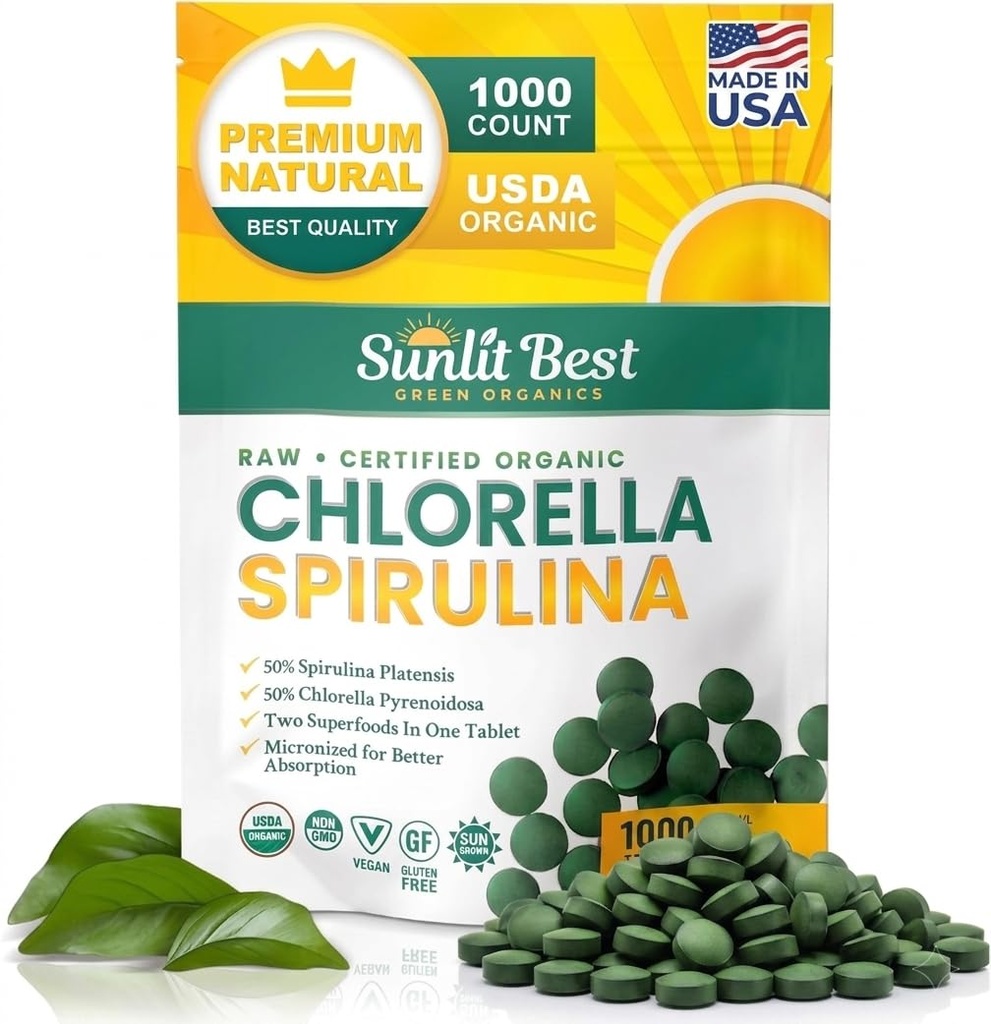 Spirulina Spirulina Spirulina - Organic USDA, Spirulina Premium e Chlorella Tablets 1000 Count - Sun Chlorella Pure Natural Superfood with Algae, Enzymes Chlorophyll & Vegan Protein