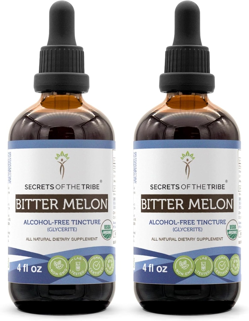 Segreti della Tribe Bitter Melon USDA Organic | Alcohol-Free Extract, High-Potency Herbal Drops | Realizzati in 100% Organic Bitter Melon (Momordica Charantia) Dried Fruit (2x4 oz)