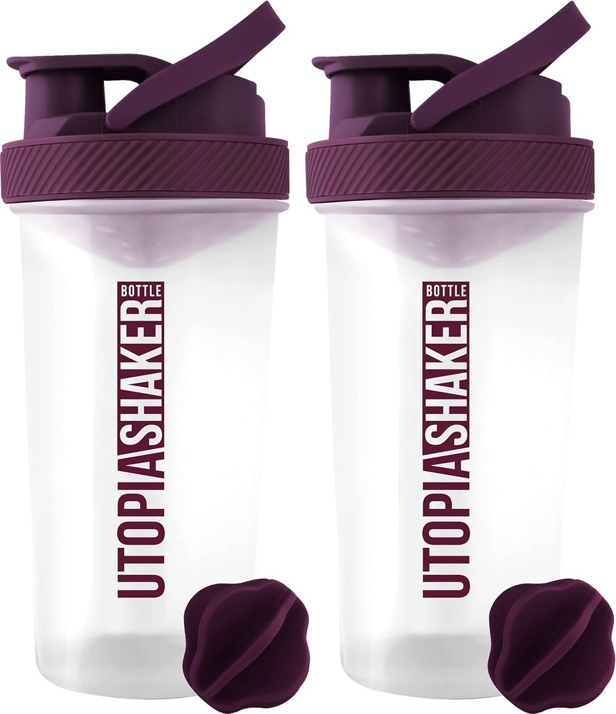 Utopia Home Protein Shaker Bottiglia - (Pacchetto di 2) 28 once Shaker bottiglie per miscele proteiche - Fitness Sports Classic Protein Mixer Shaker Bottiglia (Clear/Plum)