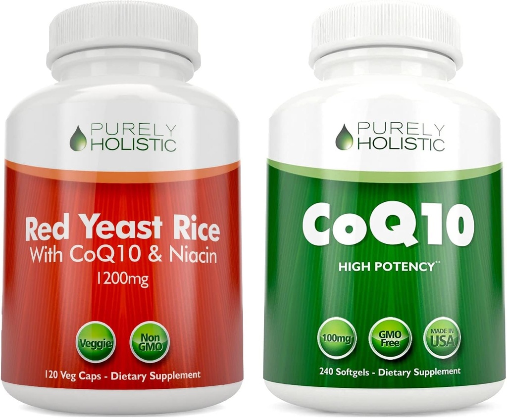 Riso rosso puro olistico 1200mg & Niacin + CoQ10 100mg - 120 capsule & 240 Softgels Bundle - Made in USA