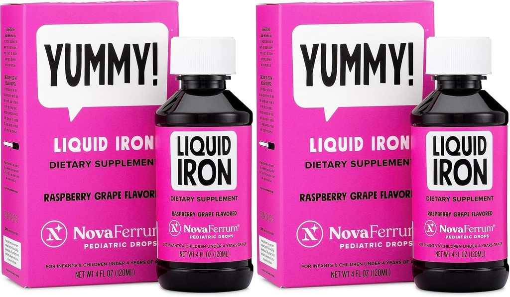 NovaFerrum Pediatric Drops Supplemento di ferro liquido per neonati e bambini 4 fl oz (120 mL) - Raspberry Grape- Pack di 2