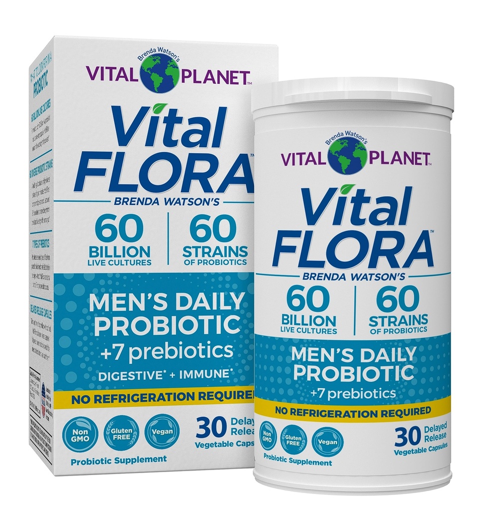 Vital Planet - Probiotici Vital Flora per gli uomini, 60 miliardi di CFU, 60 Diverse Strains, 7 Prebiotici Organici, Men’s Daily Shelf Stable Probiotics for Immune Support, Gas Relief, Digestive Health 30 Capsule