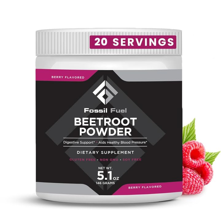 Fossil Fuel Organic Beet Root Powder, Supporta l'ossido nitrico, la circolazione, l'energia, la salute del cuore - Beetroot Premium Superfood Beets Powder Nitrati dietetici, Non-GMO, Vegan-Friendly, Berry (20 Servings)